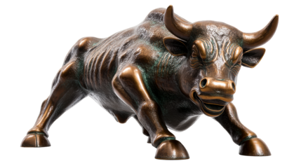 Powerful Bronze Charging Bull Sculpture with Weathered Patina, cut out transparent