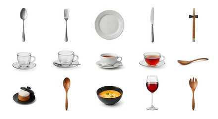 A realistic collection of various dining tableware, cutlery, and food items.