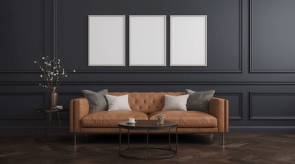 Mockup frame in dark living room interior background, farmhouse style, 3d render 