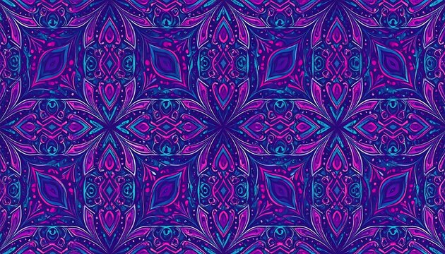 Intricate, repeating pattern of stylized floral motifs in shades of purple and blue.