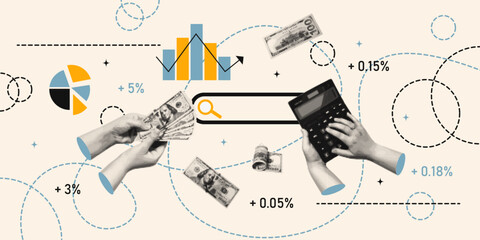 Money investments concept halftones collage. Retro illustration on financial theme or business.