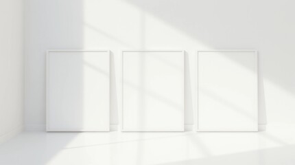 mockup poster frame on white wall, four wooden frame, 3d render