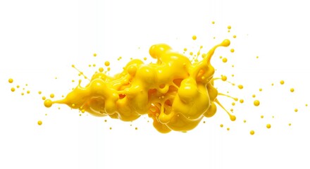 Vibrant yellow paint splash creating explosive abstract formation with scattered droplets on white background for commercial design