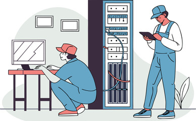 Vector illustration cartoon of IT technicians working with server racks and computers, representing data center maintenance, technology, and network support.