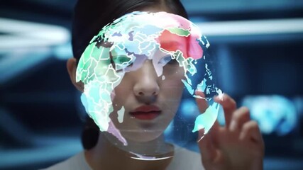 A futuristic depiction showcases a person with a glowing globe superimposed on their head, symbolizing global connectivity and technological advancement, with a blurred background. - Powered by Adobe
