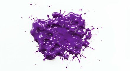 Deep purple liquid paint splash with irregular organic shape and scattered droplets on white background for abstract creative compositions