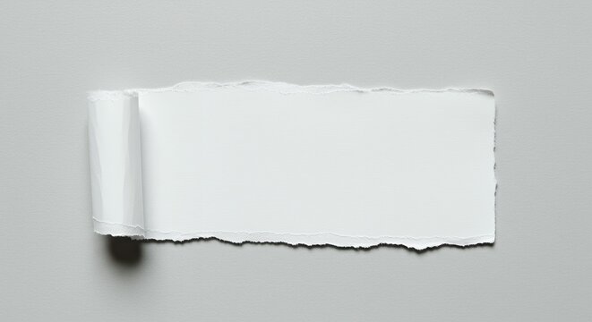 White torn paper banner with rolled edge and shadow on gray textured background for graphic design project