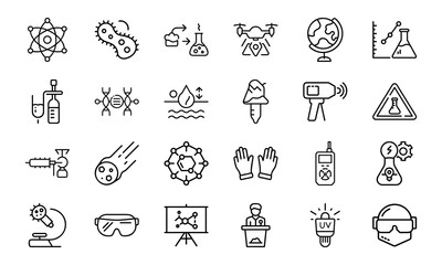 Fototapeta premium Set of 24 Science and Laboratory Line Icons Chemistry, Biology, Physics, Research, Safety, and Technology Symbols in Minimal Outline Style