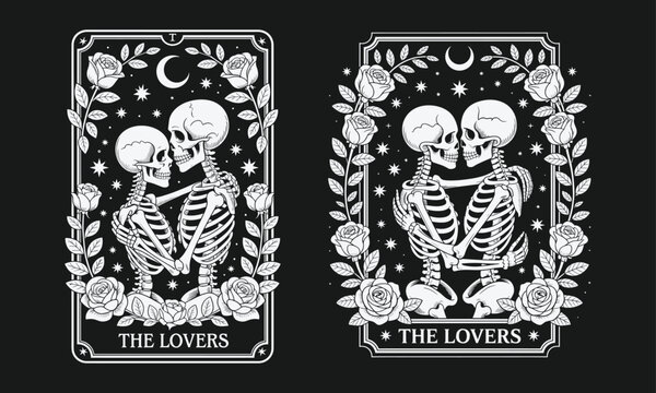 Halloween Skeleton Lovers SVG, Valentine couple skeletons design, Halloween Fall Skeleton lovers design. Skull shirt Design, Vintage Gothic Skeleton Tarot Cards Series.