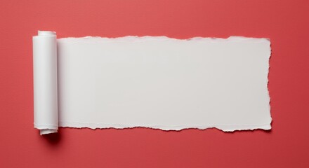 White torn paper banner with single rolled edge on salmon red background, blank horizontal template for creative headlines and modern marketing materials