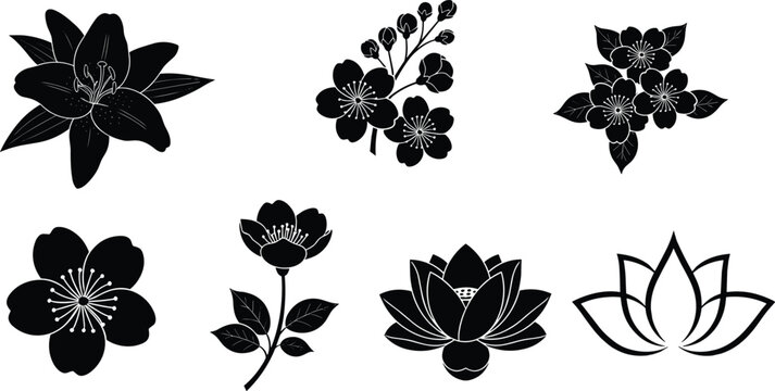 Black floral silhouette vector, elegant flower illustration, botanical design element, nature-inspired graphic art, decorative bloom clipart for creatives