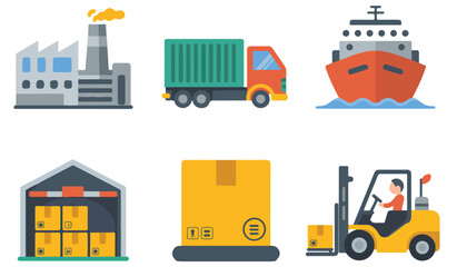 Fototapeta premium Supply Chain Illustration with Factory, Truck, Ship, Warehouse, Boxes, and Forklift
