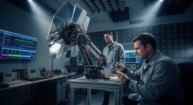 Specialists calibrate sensors on a tactical satellite antenna after deployment inside an acoustically shielded communications test room.