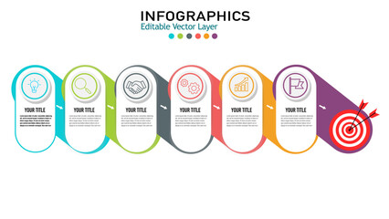 Infographics business process template with 6 steps, icons, and text boxes. It's a clean and professional vector design suitable for presentations.