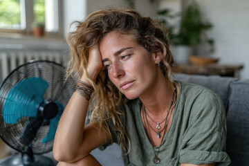 Fototapeta premium Sad woman sits near fan on a hot day