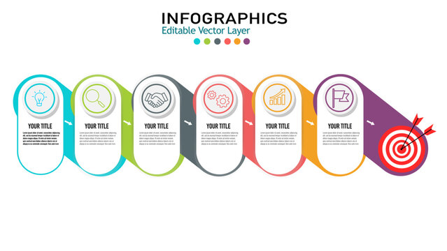 Infographics business process template with 6 steps, icons, and text boxes. It's a clean and professional vector design suitable for presentations.