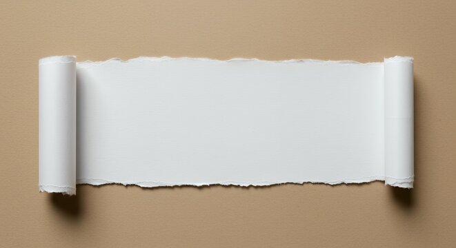 White torn paper scroll with rolled edges on both sides, tan background horizontal banner mockup for elegant text displays and announcements