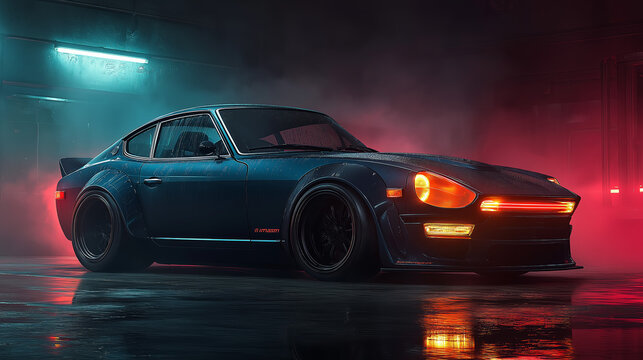Classic datsun z car in a neon lit garage setting scene