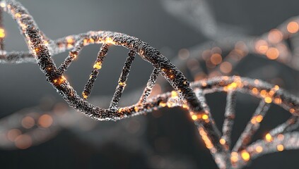 Intricate DNA helix, glowing with fiery particles.  Dark background emphasizes the structure