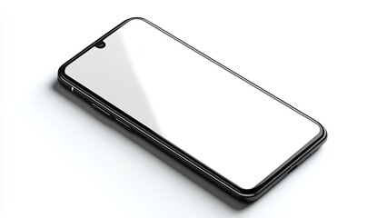 A black smartphone lies angled on a white surface, its screen blank