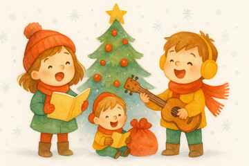 Fototapeta premium Happy children singing Christmas carols and playing guitar near decorated tree, festive holiday watercolor illustration, generative AI