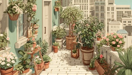 Fototapeta premium Urban rooftop garden, vibrant with potted plants and flowers, bathed in sunlight
