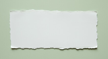 Fototapeta premium Blank white torn paper rectangle with rough edges on pale green background, minimal mockup for typography and design presentations