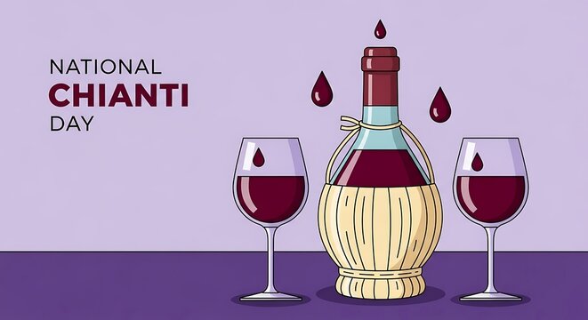 Celebrate national chianti day with a bottle and glasses of red wine, a perfect occasion for toasting