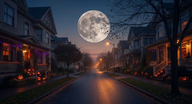 Halloween night street scene with full moon jack o lanterns and spooky decorations in a neighborhood