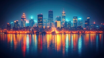 Fototapeta premium Vibrant Metropolis at Night: A Luminous Skyline of Blue and Orange Reflected on Water