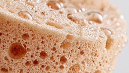 Close-up of soda foam, light beige color, bubbly texture with water droplets