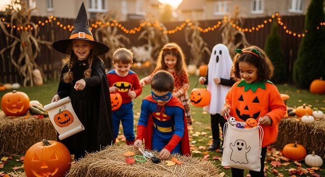 Halloween kids trick or treat costume party pumpkin witch ghost superhero celebration outdoor fun and games