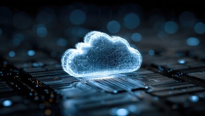 A glowing blue cloud icon hovers over a complex circuit board.  Digital, futuristic, and high-tech