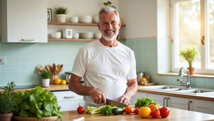 Smiling senior man chopping fresh vegetables on wooden kitchen counter with natural light coming through window, creating warm and healthy cooking atmosphere