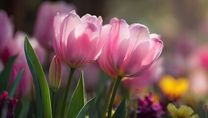 Obraz premium Two delicate pink tulips bathed in sunlight, amongst other blossoms