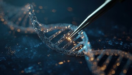 DNA manipulation, a glowing double helix structure with a metallic tool