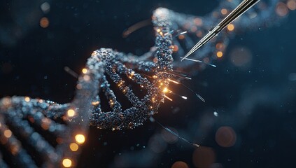 DNA strand with pipette, glowing, sparks.  Close-up of a 3D model of a DNA molecule, illuminated by sparks, with a pipette approaching it