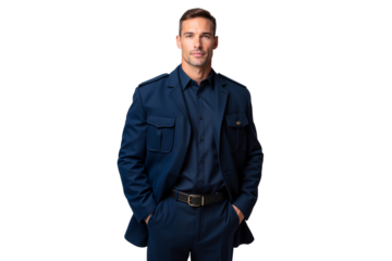 Confident and serious male navy captain in a formal navy blue uniform, standing professionally with his hands in his pockets
