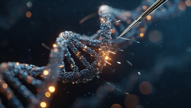 DNA strand with pipette, glowing, sparks.  Close-up of a 3D model of a DNA molecule, illuminated by sparks, with a pipette approaching it