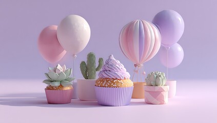 Pastel colored cupcakes and balloons with succulents and cacti on a light purple background cactus