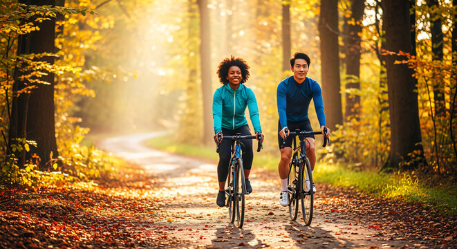 Autumn Cycling: Diverse Couple on Forest Path