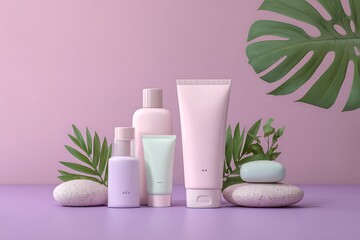 Pastel Skincare Products Arranged with Natural Elements on Purple Background beauty cosmetic