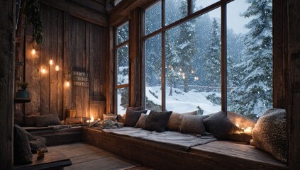 Cozy cabin room with a snowy mountain view