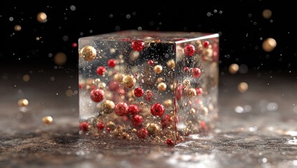 Clear cube, filled with red and gold spheres, floating in a liquid, dark background