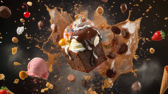 Delicious brownie dessert with ice cream, toppings, and chocolate sauce exploding in mid-air.