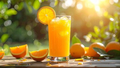 Fototapeta premium A refreshing glass of orange juice, surrounded by fresh oranges, in a sunny garden setting.