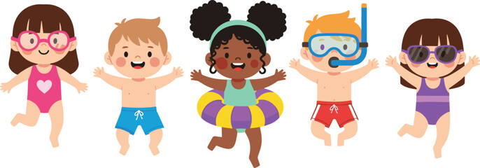 Joyful group of diverse children in colorful swimwear enjoying summer at the beach, swimming accessories, water fun, sunny vacation adventure