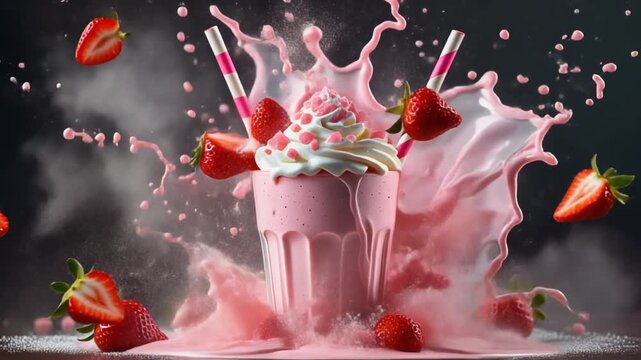 A strawberry milkshake in a glass with whipped cream and straws, creating a splash effect with strawberries scattered around.
