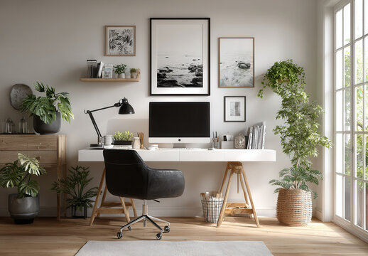 Minimalist workspace featuring a computer on a white desk adorned with plants and art pieces for a serene study atmosphere