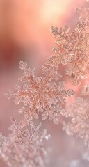 Close-up of delicate, intricate snowflakes, frosted in a soft, pastel pinkish-orange hue against a blurred, warm background